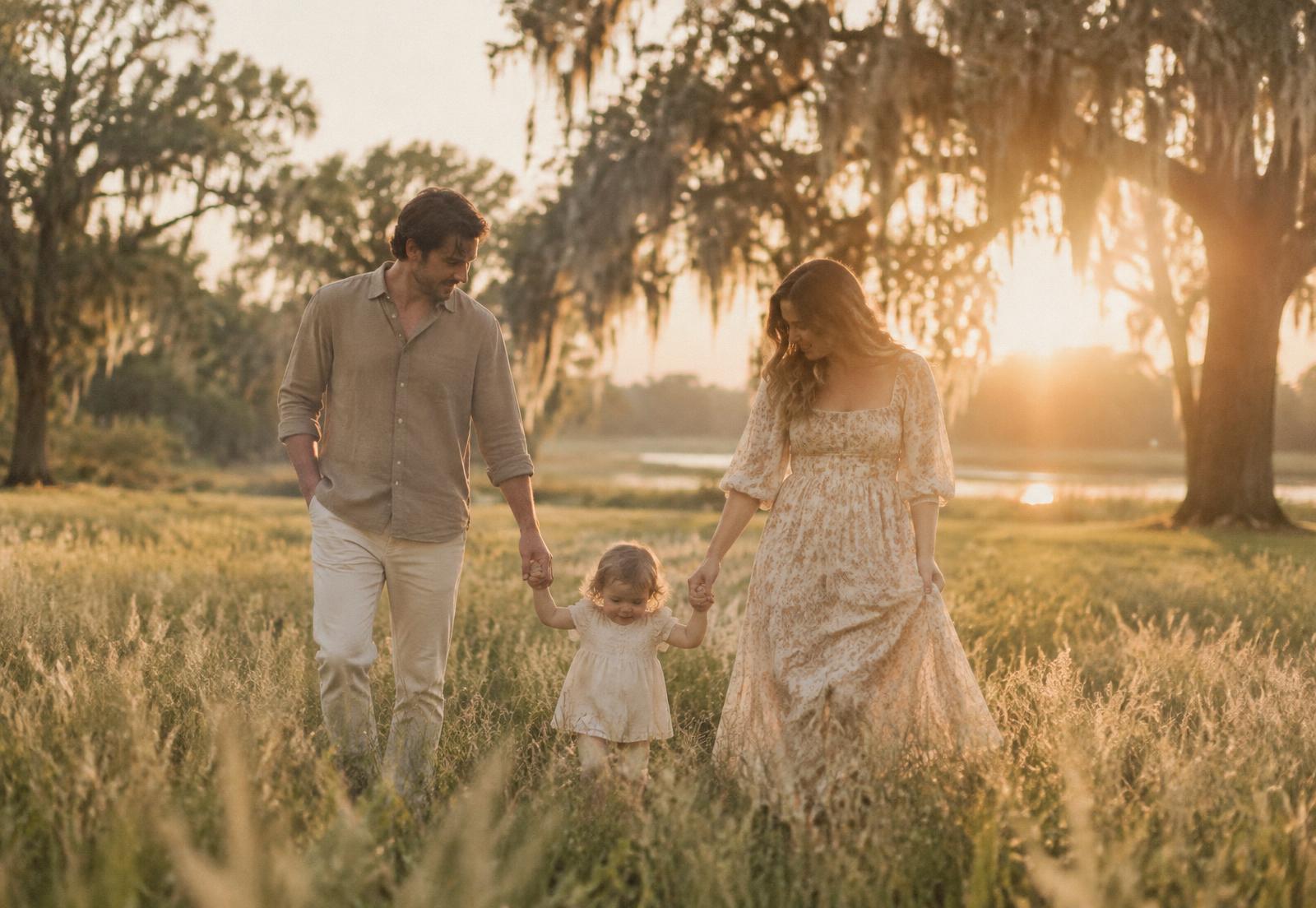 A family walking through tall grass at golden hour